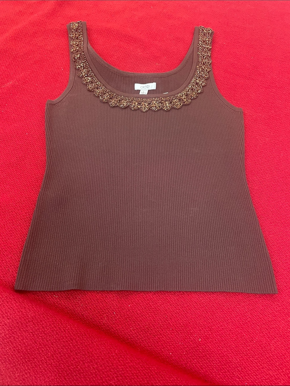 Cache Brown Ribbed Tank with Beaded Scallop Neckline
